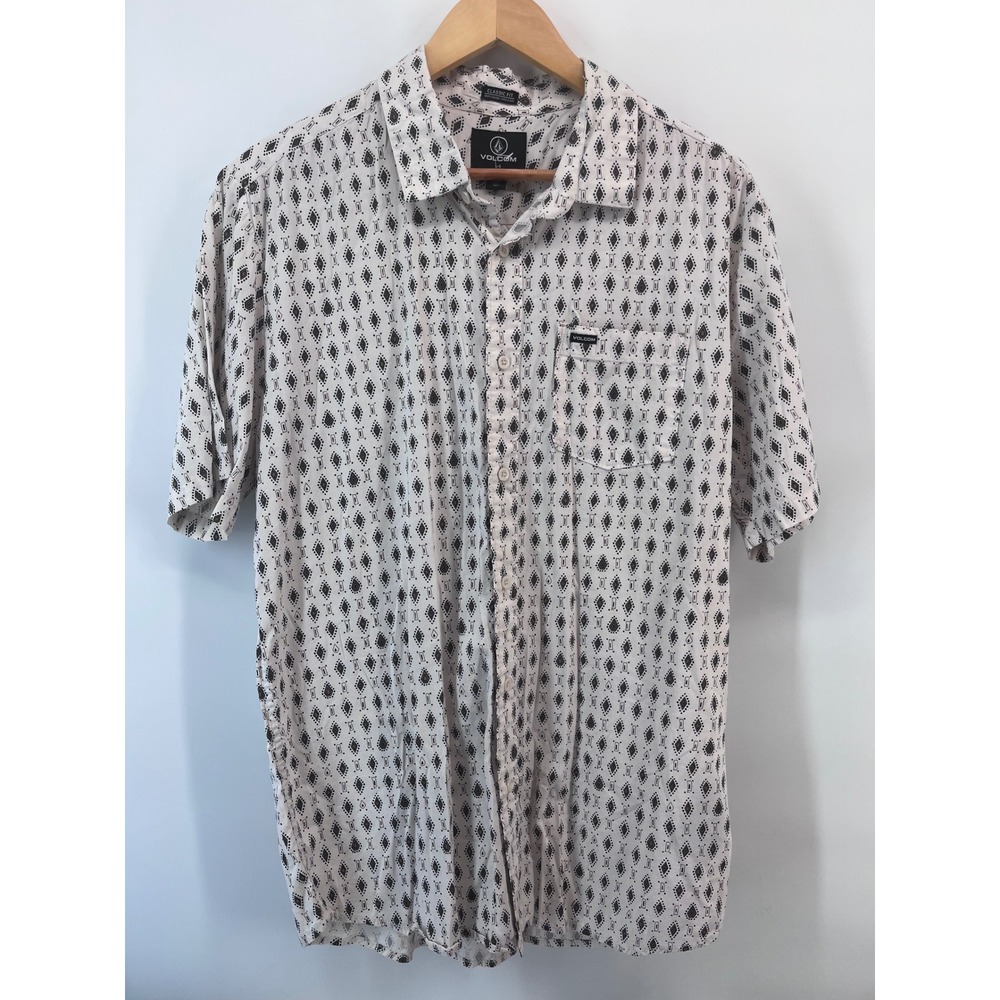 Mens Short Sleeve Button Down Shirt Large White Black Geometric Diamond Casual